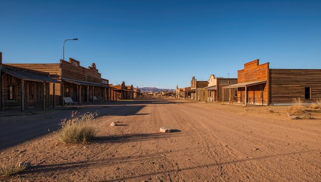 Abandoned Western Town Street Under Clear Blue Sky