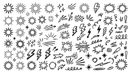 Fototapeta premium Doodle element icon set in a hand-drawn style including sunbursts, lightning bolts, stars, comic explosions, arrows and abstract decorative shapes.
