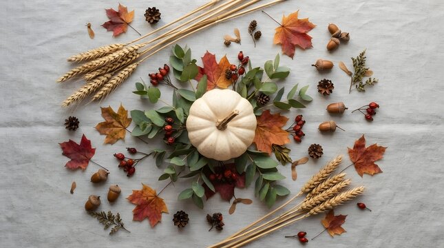 A beautiful and festive thanksgiving flat lay showcasing autumnal elements including a small white pumpkin colorful leaves wheat stalks and vibrant berries creating a warm