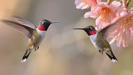 Naklejka premium Two Hummingbirds Hovering Near Cherry Blossom Flowers in Soft Light