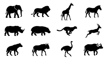 Naklejka premium African safari animal icon set in a flat black silhouette style including elephant, lion, giraffe, zebra, rhino, hippo, cheetah, gazelle, hyena, wildebeest, ostrich and buffalo.