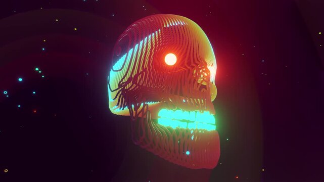 Seamless VJ loop of a glowing digital skull formed by dense fiber optic wireframe lines. Dynamic stage backdrop for electronic music festivals, dancefloors, club events, rave parties, and shows.