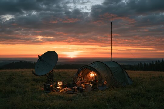 Person camping in a tent with satellite dish and antenna, communicating outdoors at dusk
