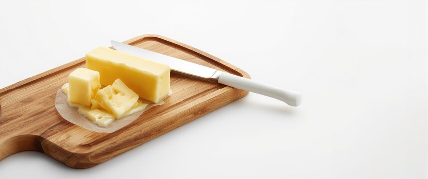 Butter Block and Slices on a Wooden Cutting Board with a Knife