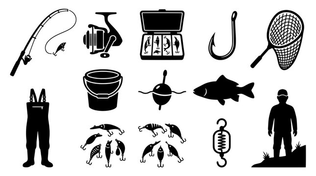 Fishing equipment icon set in a flat black silhouette style including rod, reel, bait box, hook, net, waders, sinker, fish and angler.