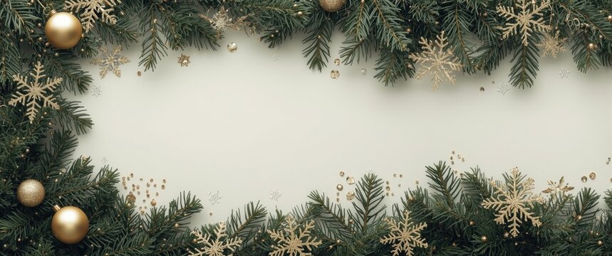 Christmas Evergreen Frame with Gold Ornaments and Snowflakes on Light Background