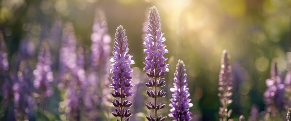 Obraz premium Purple Flowers Blooming in Soft Light During Springtime