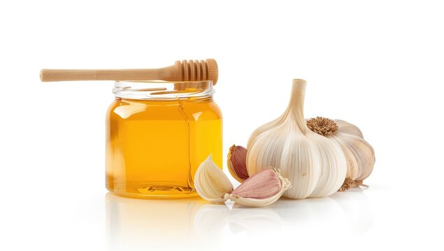 Honey Jar with Wooden Dipper and Whole Garlic Bulbs on White Background