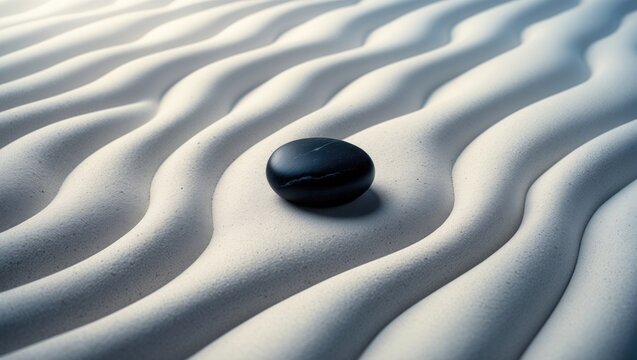 Black Stone on White Sand Waves with Soft Shadows