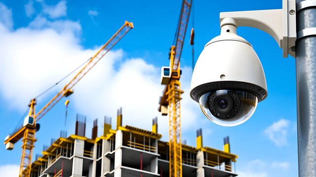 A close-up photograph of a white dome security surveillance camera overlooking a large construction site with cranes