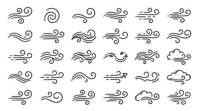 Wind and air flow icon set in a hand drawn doodle style including breeze, gust, cyclone, storm clouds and motion lines.