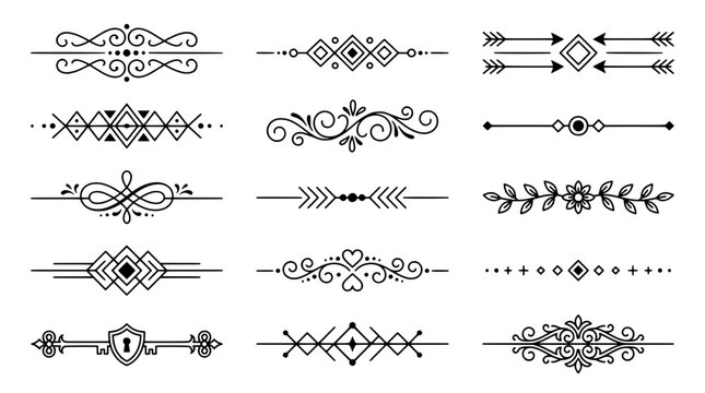 Divider and text separator icon set in a decorative black line art style including floral swirls, geometric shapes, arrows and ornate frames.