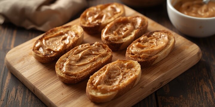 Sliced Bread Topped with Creamy Peanut Butter on a Wooden Board