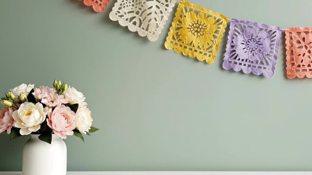 Social media video marketing frame featuring colorful handcrafted Mexican hanging banners as an authentic papel picado copyspace background backdrop 4k