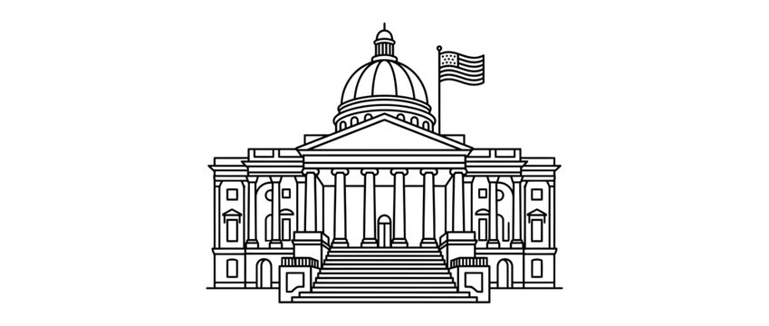 Government Building Line Art with American Flag
