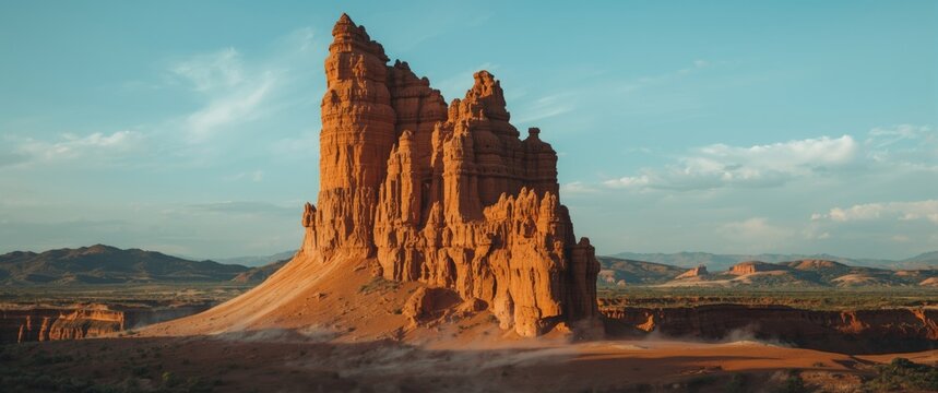 Majestic Red Rock Formation Under Blue Sky with Soft Clouds
