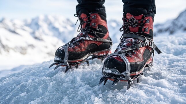 Mountaineering boots with metal crampons standing on glacial ice during a high-altitude winter climbing expedition.