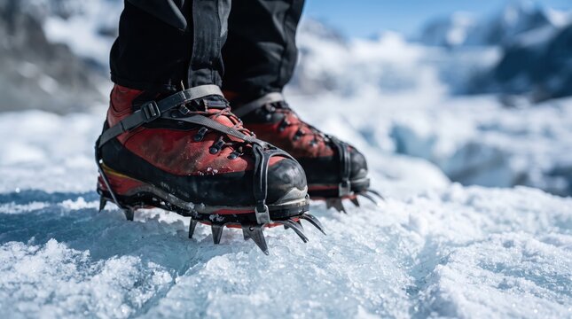 Mountaineering boots with metal crampons standing on glacial ice during a high-altitude winter climbing expedition.