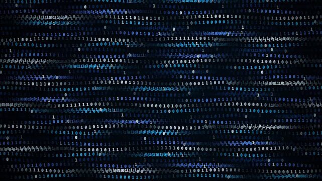 Binary code patterns shifting across a dark digital background with blue and white glowing numbers