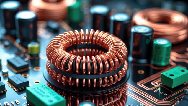 Copper Inductor Coil on a Circuit Board with Electronic Components