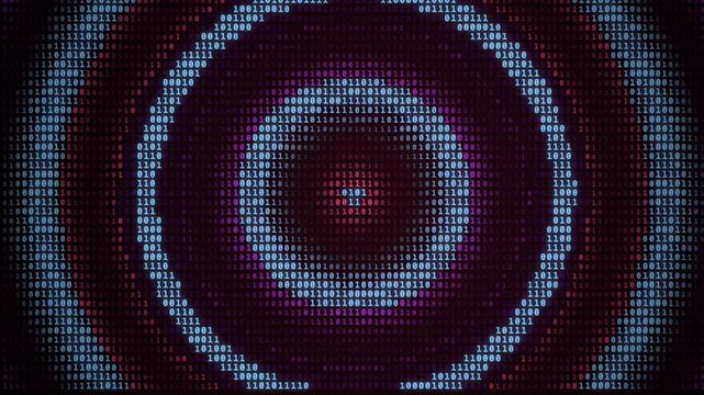 Binary digits forming a glowing abstract data sphere against a dark digital background