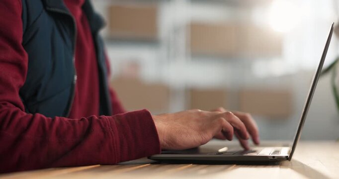 Hands, typing and laptop in distribution office, shipping website or delivery with email feedback. Person, computer and writing reply on courier app, blog or logistics information, online and review