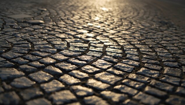 Cobblestone Pavement Surface Glimmering Under Sunset Light