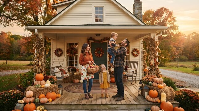 A heartwarming thanksgiving scene depicts a family gathered on the porch of a charming house adorned with autumn decorations symbolizing gratitude togetherness and the joy