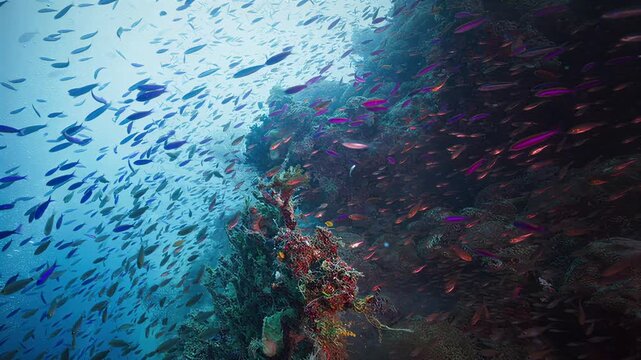 Vibrant school of fish swimming near colorful coral reef in clear blue ocean