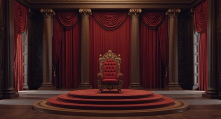 Fototapeta premium Regal Throne on a Circular Carpet in an Opulent Red Draped Room