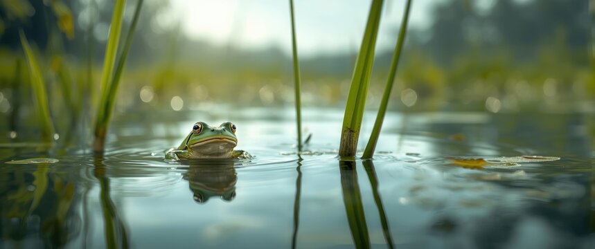 Frog Swimming in a Calm Pond Among Tall Grass with Soft Light