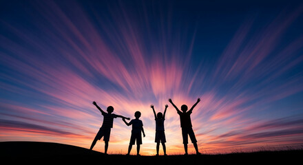 Fototapeta premium Silhouettes of children with raised arms against a dramatic sunset sky, symbolizing joy, freedom, and optimism.