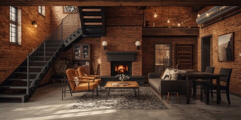 Fototapeta premium Cozy Living Room with Fireplace and Rustic Decor in a Brick Interior
