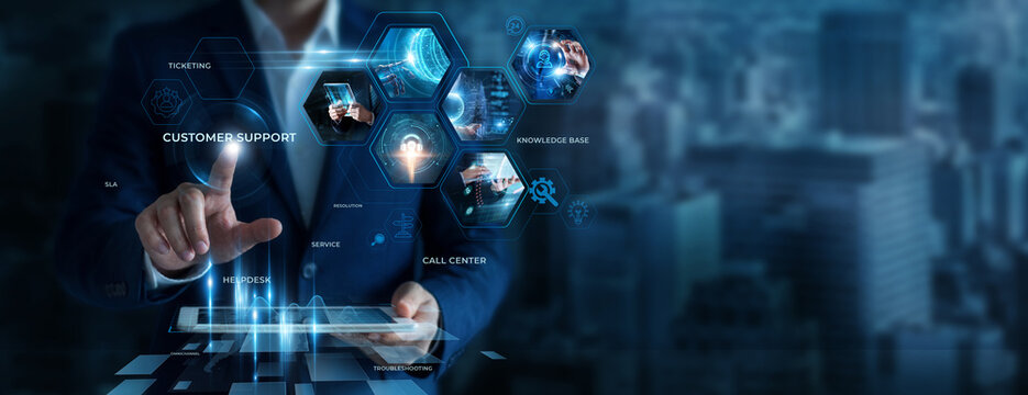 Businessman Using Tablet for Analyzing Customer support Data. Managing service operations, improving customer assistance, monitoring communication channels, efficient support solutions.