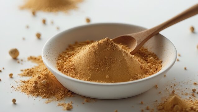 Superfood maca powder in a white bowl on a white background. Concept of healthy eating.