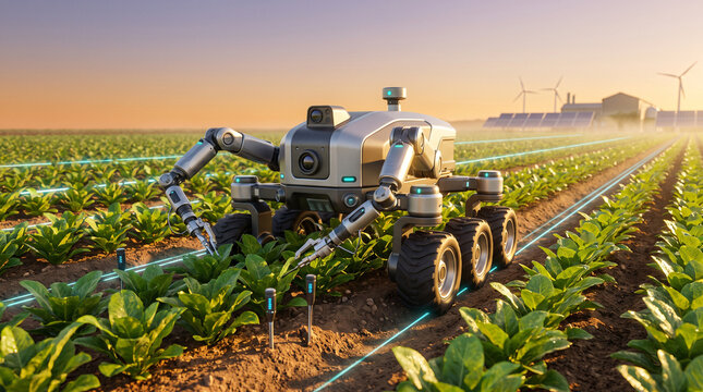 Automated agricultural robotic rover working in farm soil rows with smart crop monitoring.