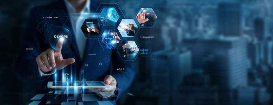 Businessman Using Tablet for Analyzing DevOps Data. Managing software development processes, improving system operations, optimizing workflows, efficient technology delivery solutions.