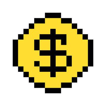 Pixel Coin Symbol: A simple, pixelated golden coin featuring a dollar sign at its center, representing digital currency and financial value.