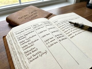 Naklejka premium Natural capital valuation ledger book resting on a mossy log in the woods