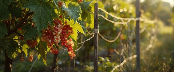 Naklejka premium Ripe Grapes Growing on a Vine in a Sunlit Vineyard during Golden Hour