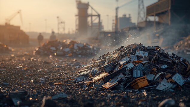 Scrap Metal Pile at Industrial Site During Early Morning Light