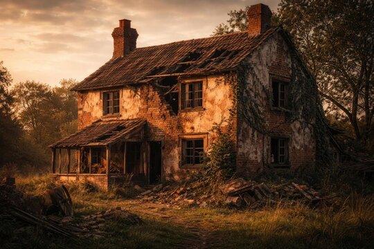 Abandoned House Covered in Vines at Sunrise in a Rural Setting