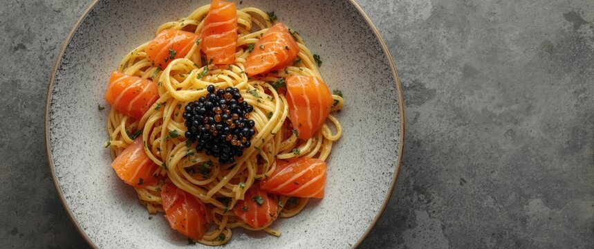 Pasta Dish with Salmon and Caviar Served on a Dark Plate