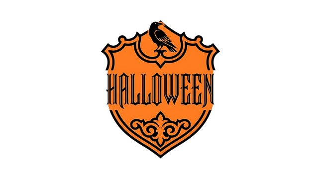 An orange shield shaped emblem featuring black halloween typography and a perched raven illustration ornament