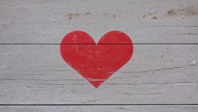 Red Heart Symbol Painted on Weathered Wooden Background