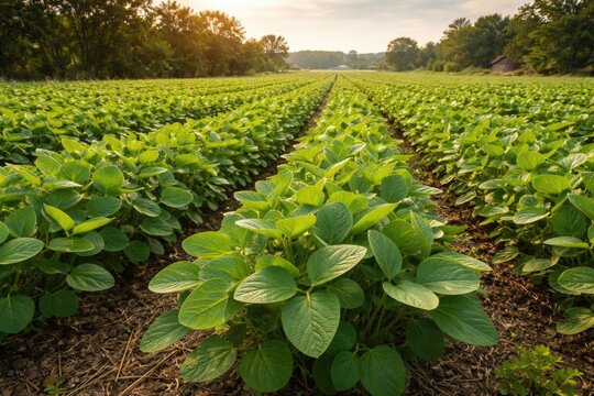 Lush Green Soybean Field at Sunrise with Rows of Plants