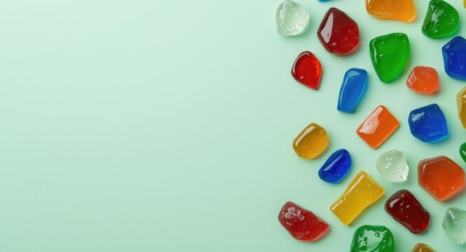 Colorful Glass Pebbles Arranged on a Soft Mint Background