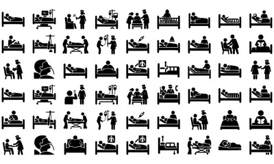 Fototapeta premium Medical patients black solid filled pictogram icons bundle represents various situations and actions within healthcare settings.