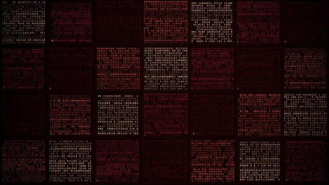 Binary code digits changing across glowing red and gold panels in a dark digital grid