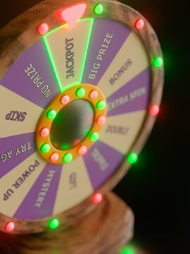 Spinning prize wheel with colorful lights and jackpot segment illuminated